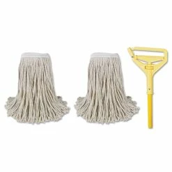 Boardwalk® Cotton Cut End Mop Kit, #24 Natural Cotton Head, 60" Yellow Metal/Plastic Handle