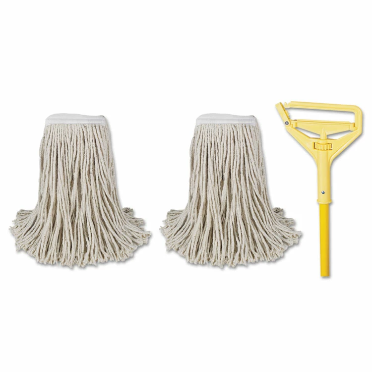 Boardwalk® Cotton Cut End Mop Kit, #24 Natural Cotton Head, 60" Yellow Metal/Plastic Handle