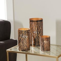 Outdoor Decor LITTON LANE 12 In. X 6 In. Iron Hurricane Candle Holders In Bronze Brass With Tree Branch Cutouts (Set Of 3) -cuisinart shop brown tan litton lane outdoor lanterns 22098 31 1000