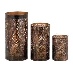 Outdoor Decor LITTON LANE 12 In. X 6 In. Iron Hurricane Candle Holders In Bronze Brass With Tree Branch Cutouts (Set Of 3)