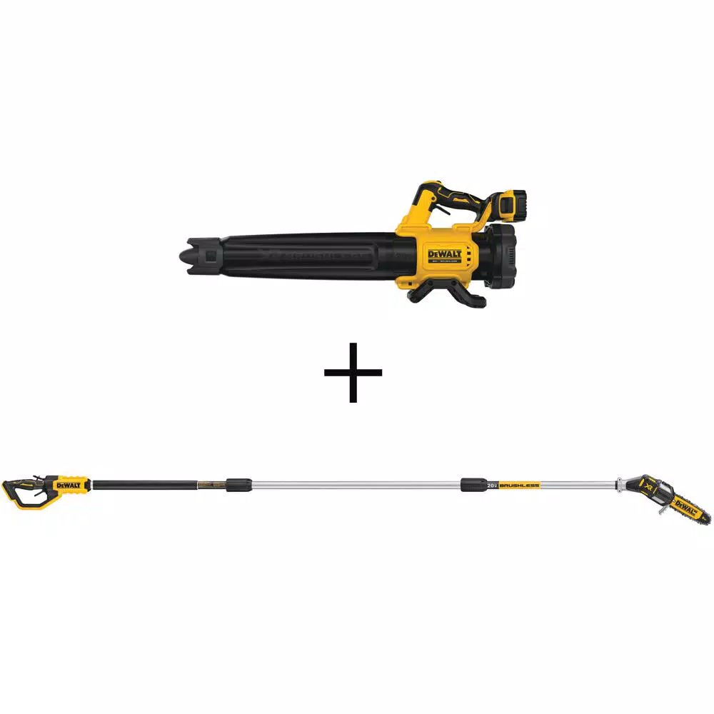 Leaf Blowers DEWALT 125 MPH 450 CFM 20V MAX Cordless Brushless Blower With (1) 5.0Ah Battery & Charger W/8 In. 20V MAX Pole Saw (Tool Only)
