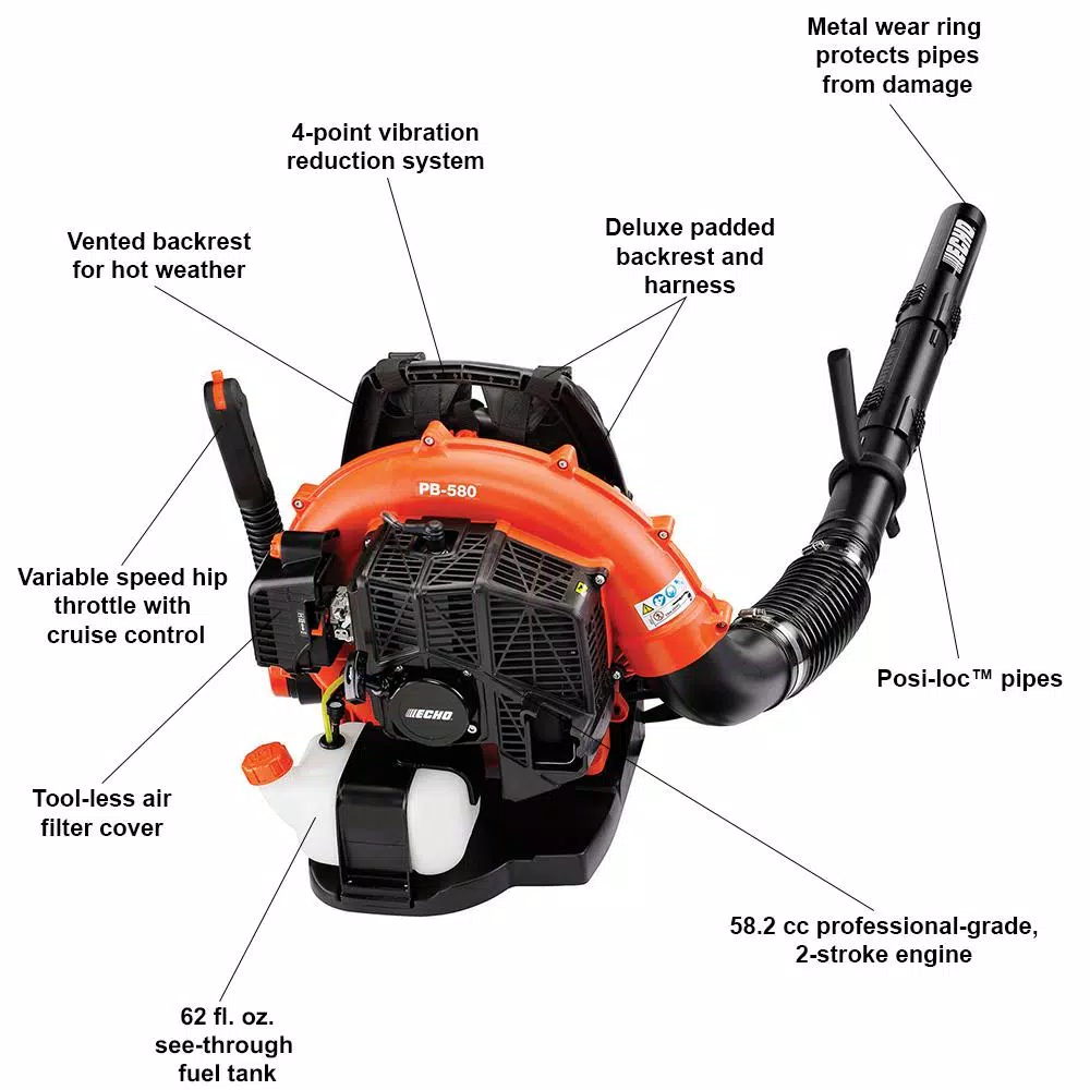 Leaf Blowers ECHO 216 MPH 517 CFM 58.2 Cc Gas 2-Stroke Cycle Backpack Leaf Blower With Hip Throttle - Image 2