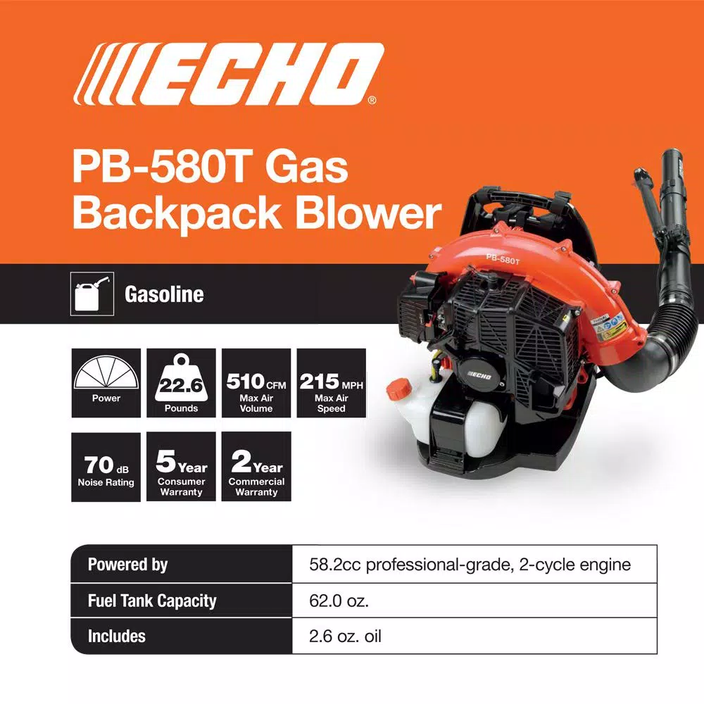 Leaf Blowers ECHO 216 MPH 517 CFM 58.2cc Gas 2-Stroke Cycle Backpack Leaf Blower With Tube Throttle - Image 3