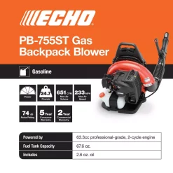 Leaf Blowers ECHO 233 MPH 651 CFM 63.3cc Gas 2-Stroke Cycle Backpack Leaf Blower With Tube Throttle -cuisinart shop echo gas leaf blowers pb 755st 40 1000
