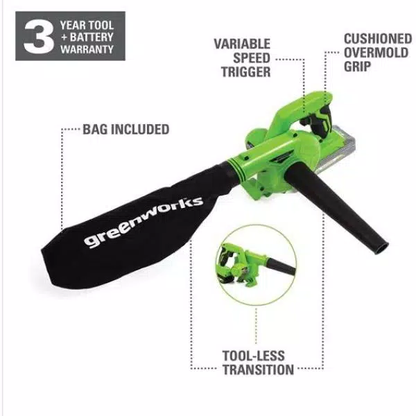 Leaf Blowers Greenworks 90 MPH 180 CFM 24-Volt Battery Cordless Shop Blower With 2.0 Ah USB Battery And Charger Included SBL24B211 - Image 3