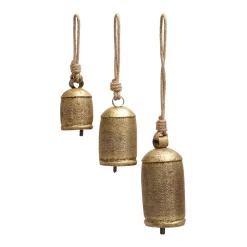 Outdoor Decor LITTON LANE Gold Brass Iron Bells With Rope Hangers (Set Of 3)