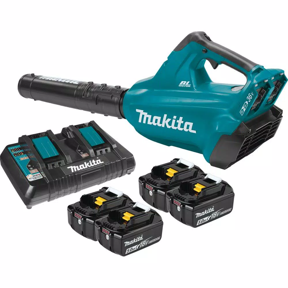 Leaf Blowers Makita 18-Volt X2 (36V) LXT 473 CFM 120 MPH Brushless Cordless Blower Kit With 4 Batteries (5.0Ah) With Flat End Nozzle, XBU02Z 2 Leaf Blowers Makita 18-Volt X2 (36V) LXT 473 CFM 120 MPH Brushless Cordless Blower Kit With 4 Batteries (5.0Ah) With Flat End Nozzle, XBU02Z