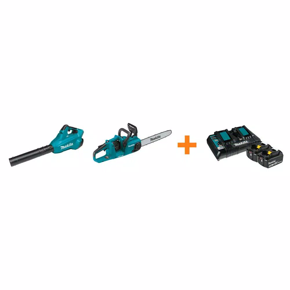 Leaf Blowers Makita 18V X2 LXT Blower And 18V X2 LXT 16 In. Chain Saw With Bonus 18V LXT Starter Pack