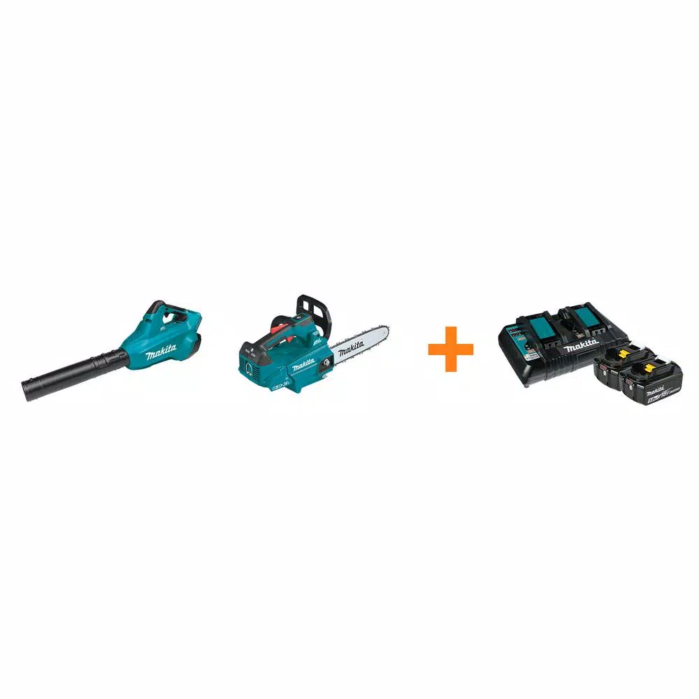 Leaf Blowers Makita 18V X2 LXT Blower And 18V X2 LXT 14 In. Top Handle Chain Saw With Bonus 18V LXT Starter Pack