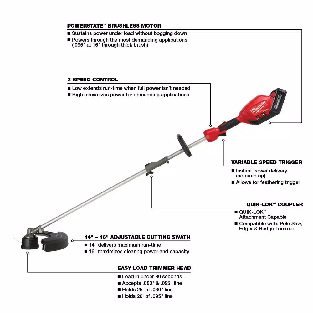 Trimmers Milwaukee M18 FUEL 18-Volt Lithium-Ion Brushless Cordless String Trimmer W/ QUIK-LOK Attachment Capability W/ 8Ah & 6Ah Battery 5 Trimmers Milwaukee M18 FUEL 18-Volt Lithium-Ion Brushless Cordless String Trimmer W/ QUIK-LOK Attachment Capability W/ 8Ah & 6Ah Battery - Image 3