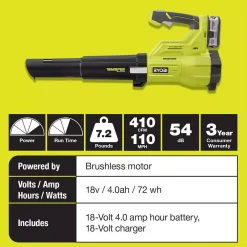 Leaf Blowers RYOBI 110 MPH 410 CFM 18-Volt ONE+ Brushless Lithium-Ion Cordless Variable-Speed Jet Fan 4Ah Battery Blower & Charger Included -cuisinart shop ryobi cordless leaf blowers p21100vnm 40 1000