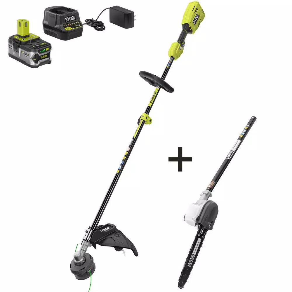 Trimmers RYOBI ONE+ 18-Volt Cordless Attachment Capable Brushless String Trimmer And Pruner, 4.0 Ah Battery And Charger Included 3 Trimmers RYOBI ONE+ 18-Volt Cordless Attachment Capable Brushless String Trimmer And Pruner, 4.0 Ah Battery And Charger Included