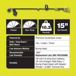 Trimmers RYOBI ONE+ 18-Volt Cordless Attachment Capable Brushless String Trimmer And Pruner, 4.0 Ah Battery And Charger Included 20 Trimmers RYOBI ONE+ 18-Volt Cordless Attachment Capable Brushless String Trimmer And Pruner, 4.0 Ah Battery And Charger Included -cuisinart shop ryobi cordless string trimmers p20110 prn c3 1000