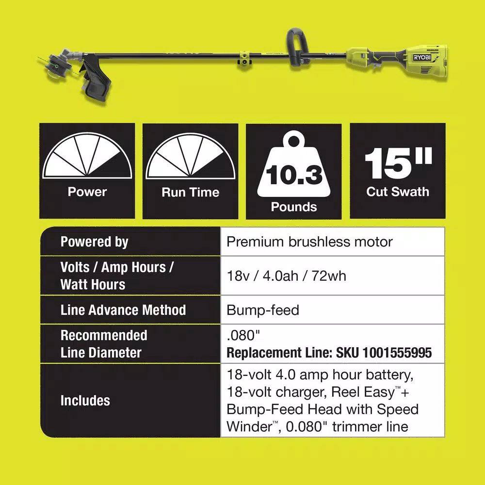 Trimmers RYOBI ONE+ 18-Volt Cordless Attachment Capable Brushless String Trimmer And Pruner, 4.0 Ah Battery And Charger Included 8 Trimmers RYOBI ONE+ 18-Volt Cordless Attachment Capable Brushless String Trimmer And Pruner, 4.0 Ah Battery And Charger Included - Image 6