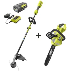 Trimmers RYOBI 40-Volt Lithium-Ion Cordless Attachment Capable String Trimmer And Brushless Chainsaw W/4.0Ah Battery & Charger Included