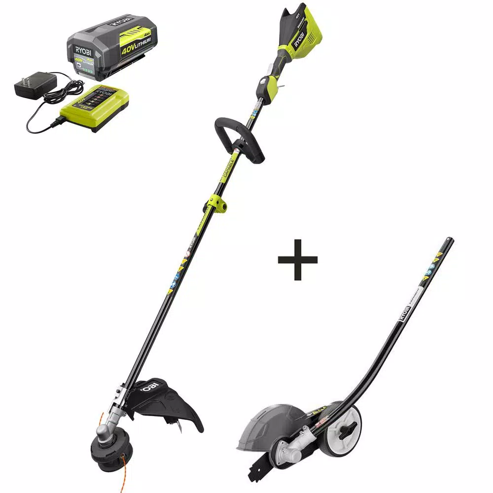 Trimmers RYOBI 40-Volt Lithium-Ion Brushless Electric Cordless Attachment Capable Edger, 4.0 Ah Battery And Charger Included 3 Trimmers RYOBI 40-Volt Lithium-Ion Brushless Electric Cordless Attachment Capable Edger, 4.0 Ah Battery And Charger Included