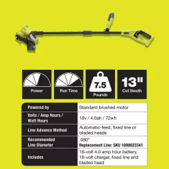 Trimmers RYOBI Reconditioned ONE+ 18-Volt Lithium-Ion Cordless String Trimmer/Edger – 4.0 Ah Battery And Charger Included 20 Trimmers RYOBI Reconditioned ONE+ 18-Volt Lithium-Ion Cordless String Trimmer/Edger – 4.0 Ah Battery And Charger Included -cuisinart shop ryobi cordless string trimmers zrp2080 d4 1000