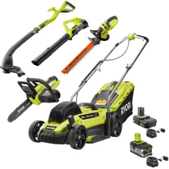 Lawn Mowers RYOBI 13 In. ONE+ 18-Volt Lithium-Ion Walk Behind Push Lawn Mower/Blower/Chainsaw/Hedge/String Trimmer Kit (5-Tool)