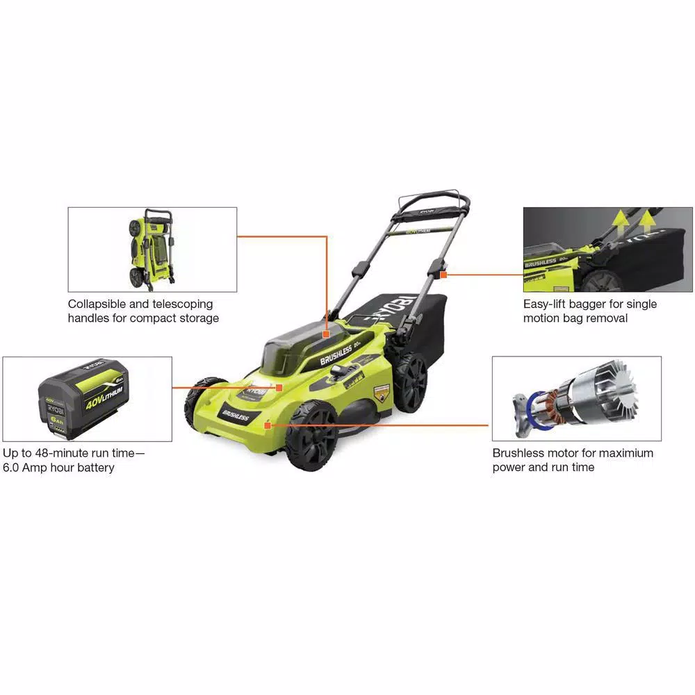 Lawn Mowers RYOBI 20 In. 40-Volt Brushless Lithium-Ion Cordless Battery Walk Behind Push Lawn Mower Two 6.0 AhBatteries & Charger Included - Image 5