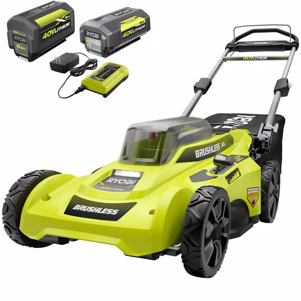Lawn Mowers RYOBI 20 In. 40-Volt Brushless Lithium-Ion Cordless Battery Walk Behind Push Lawn Mower Two 6.0 AhBatteries & Charger Included