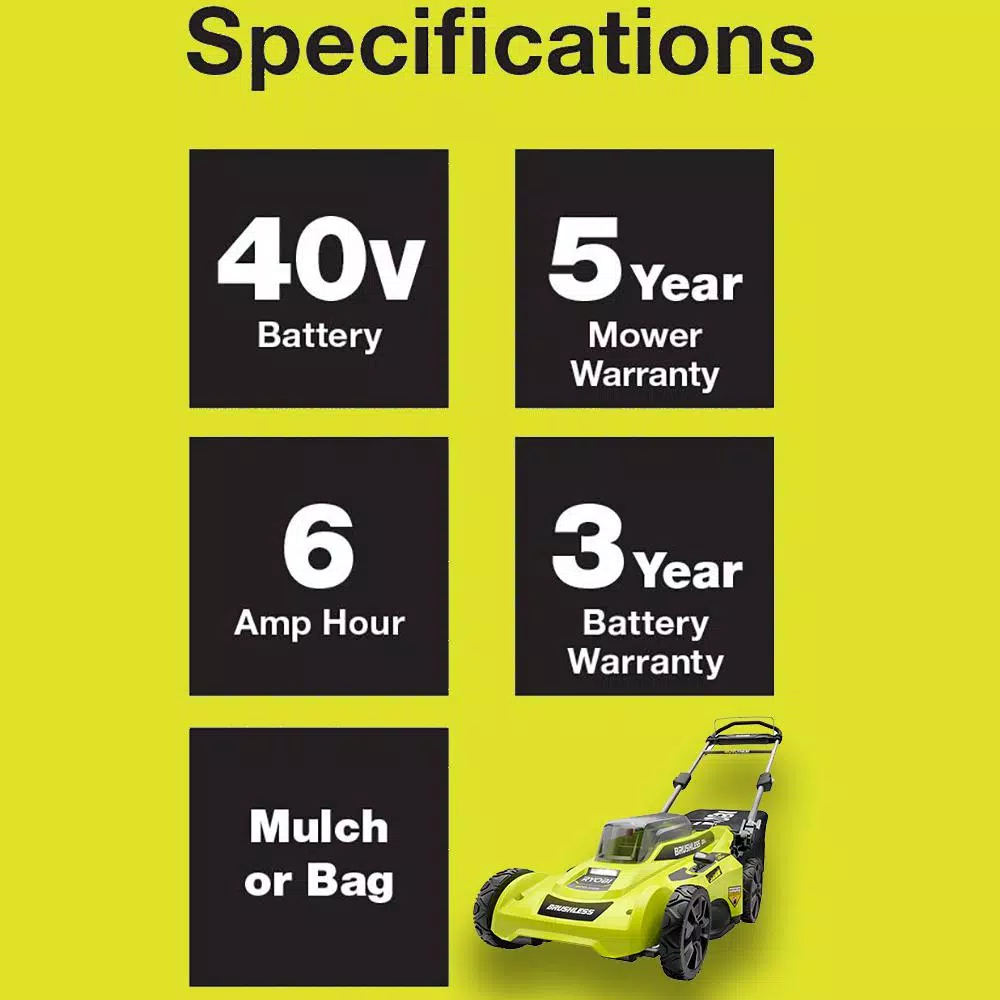 Lawn Mowers RYOBI 20 In. 40-Volt Brushless Lithium-Ion Cordless Battery Walk Behind Push Lawn Mower Two 6.0 AhBatteries & Charger Included - Image 6
