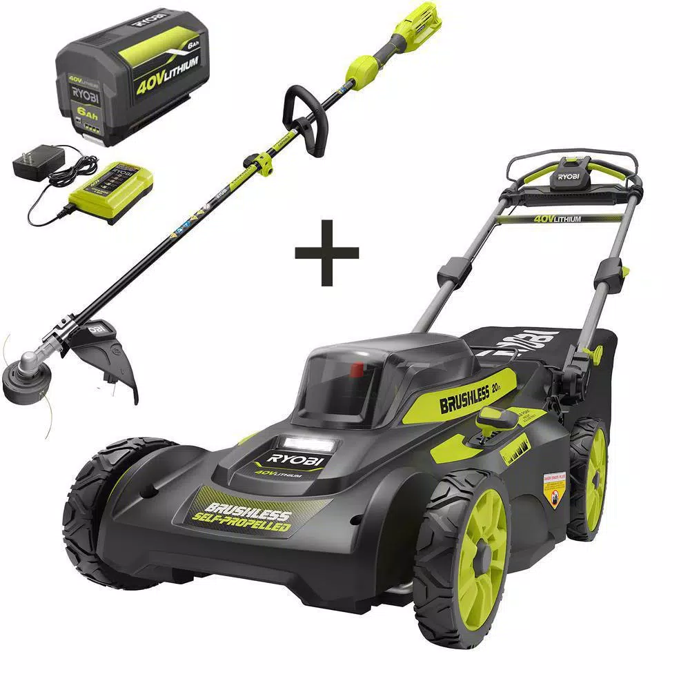 RYOBI 20 in. 40-Volt Brushless Lithium-Ion Cordless Walk Behind Self-Propelled Mower & Trimmer w/6.0 Ah Battery & Charger Lawn Mowers RYOBI 20 In. 40-Volt Brushless Lithium-Ion Cordless Walk Behind Self-Propelled Mower & Trimmer W/6.0 Ah Battery & Charger -cuisinart shop ryobi self propelled lawn mowers ry401120 4x 64 1000