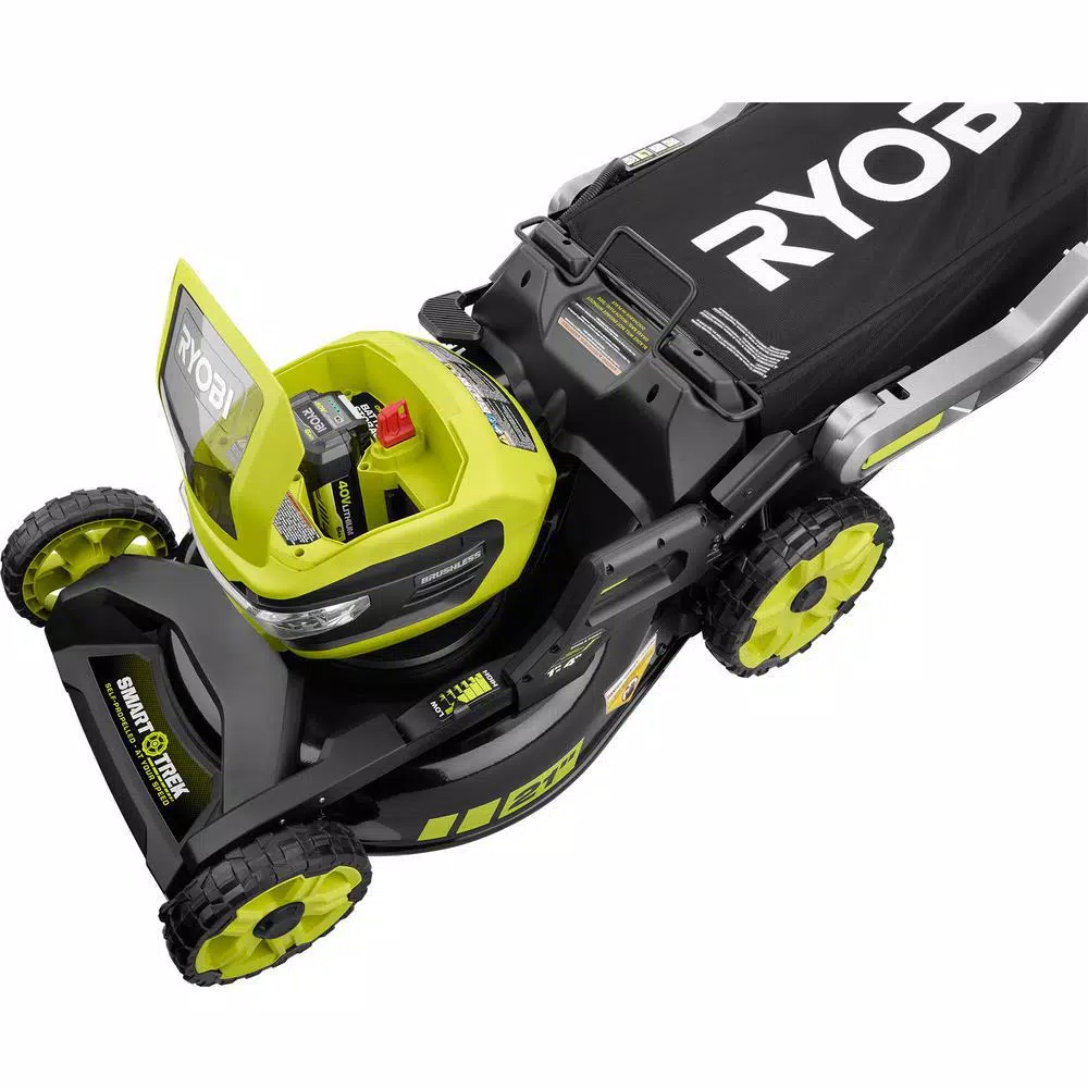 RYOBI 21 in. 40-Volt Brushless Lithium-Ion Cordless SMART TREK Self-Propelled Walk Behind Mower with 6.0Ah Battery and Charger Lawn Mowers RYOBI 21 In. 40-Volt Brushless Lithium-Ion Cordless SMART TREK Self-Propelled Walk Behind Mower With 6.0Ah Battery And Charger -cuisinart shop ryobi self propelled lawn mowers ry40lm10 y 31 1000