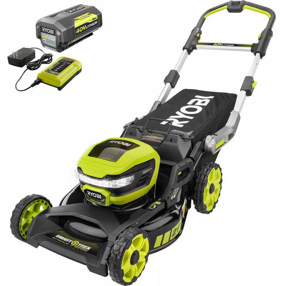 RYOBI 21 in. 40-Volt Brushless Lithium-Ion Cordless SMART TREK Self-Propelled Walk Behind Mower with 6.0Ah Battery and Charger Lawn Mowers RYOBI 21 In. 40-Volt Brushless Lithium-Ion Cordless SMART TREK Self-Propelled Walk Behind Mower With 6.0Ah Battery And Charger -cuisinart shop ryobi self propelled lawn mowers ry40lm10 y 64 1000